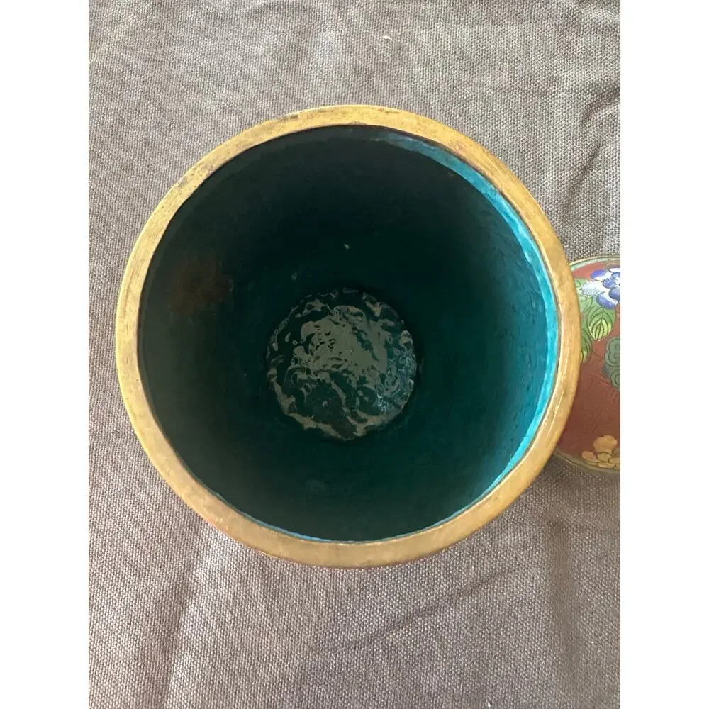 Vintage Chinese Cloisonné Enamel Ginger Jar Flowers  8” rust blue turquoise